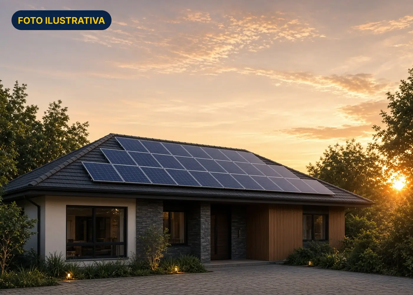 Imagem ilustrativa de uma casa com placas solares ao entardecer. Substituir por foto real da Potência Solar.