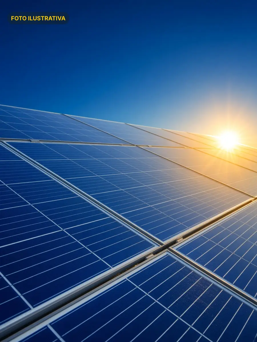 Imagem ilustrativa de placas solares ao sol. Substituir por foto real da Potência Solar.